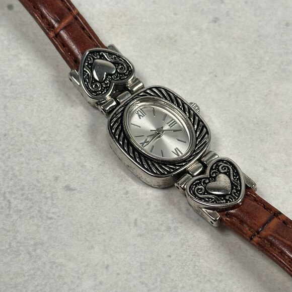 Accutime Accessories - Womens Watch 20mm Oval Hearts Silver Tone Brown Band Western Cowgirl New Battery